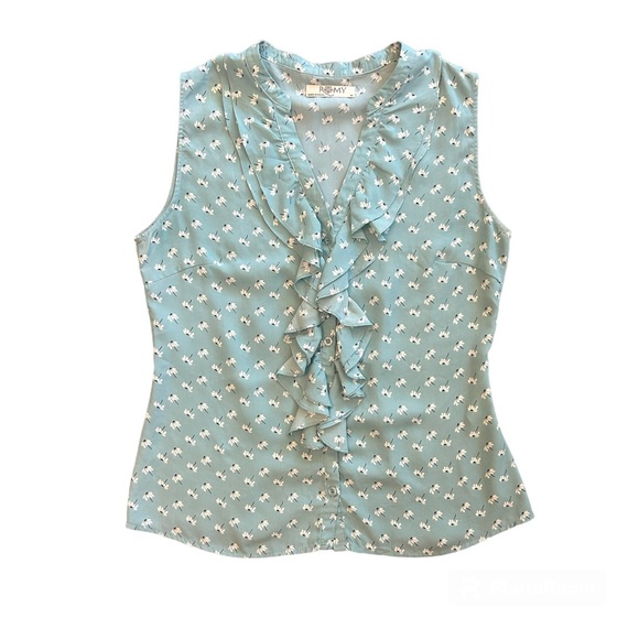Romy light teal blue sleeveless blouse with dandelion print and ruffles medium - Picture 1 of 15